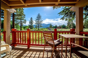 Private porch with panoramic views of the Sherwin Meadow, Mammoth Mountain, and Sherwin Mountains.