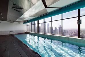 Enjoy access to the shared indoor pool—a five-minute walk from the apartment—that offers beautiful, sweeping views of the Melbourne CBD.