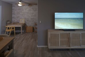 Living room, OLED 55" TV, and studio