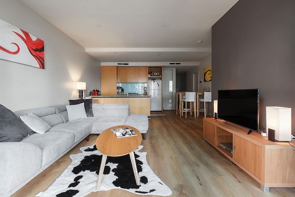 Enjoy movie nights at home on an oversized sofa. There is smart TV and Wi-Fi catering to all your entertainment needs.