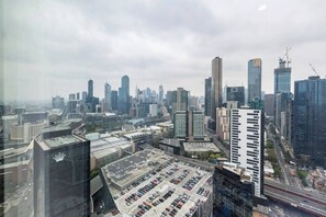Sky high city views next to Crown Casino. Watch the hustle and bustle below from the comfort of your living room.