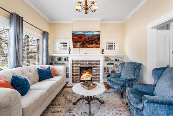 Comfortable living room with 55" Smart TV.