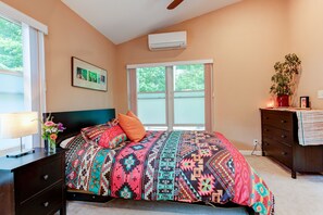 Privacy blinds, new firm bed, watching wooden dresser and bedside table.