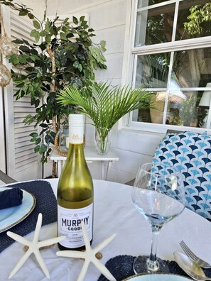 Outdoor eating on front secluded deck.