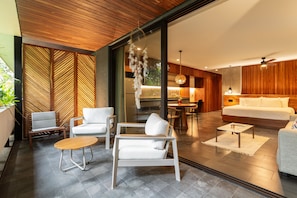 open the large floor to ceiling glass doors and relax on the patio with coffee