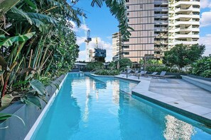 A shared pool located on the outdoor terrace offers the perfect spot to cool down with a dip or simply kick back with a book on the sun loungers.

