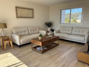 Lounge area with quality leather sofas