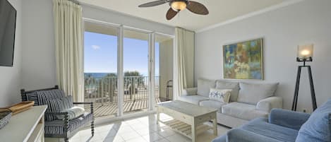 Enjoy the beautiful gulf views in the spacious living room and balcony. This unit is on the 2nd floor.  Unit B204