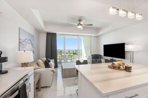 Light and airy kitchen opens to the living room and front terrace
