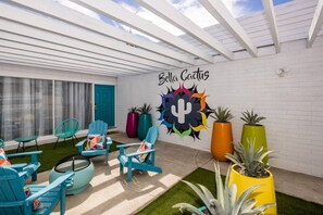 Covered patio with plenty of seating.