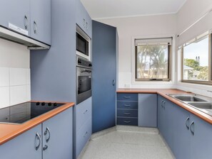 Modern kitchen with blue cabinets, wood countertops, and all the essentials for everyday cooking.
