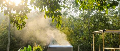 6-person hot tub on private patio. Towells are provided. 