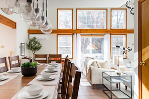 The dining area offers a picturesque backdrop for your culinary creations.