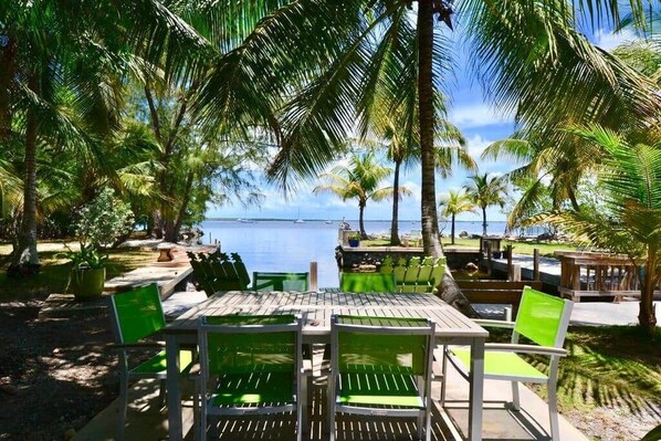 Dining area overlooking the Boat/Swimming Basin, Tarpon Basin/Florida Bay.