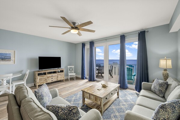 Living Area with Ocean Views, Sleeper Sofa, Flat Screen TV and Private Balcony Access