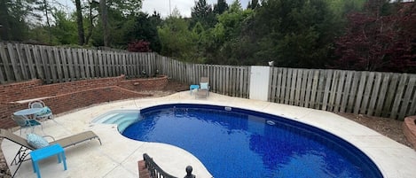 Private pool located in the fenced in backyard