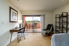 Work desk and bookcase provided
