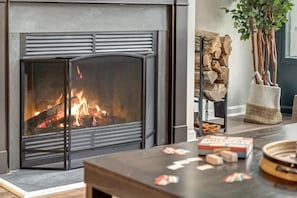 Wood Burning Fire stove, located in the living room!