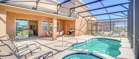 Relax in your private oasis with a sparkling pool, hot tub, and BBQ area—perfect for sun-soaked days and starlit nights.