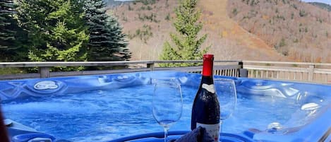 Relax and unwind in our hot tub with stunning summer mountain views. Let the tranquility of nature surround you as you soak away your cares in ultimate comfort.