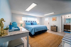 This is the Poolside Suite. It is set up like a hotel room style studio, with a King sized mattress.
Everything is brand new as of 2021.