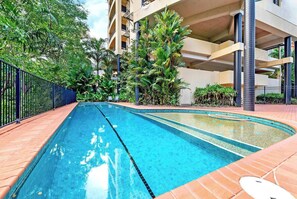 Cool off in the residents’ pool, with a gorgeous shallow step area for kids to play. 
