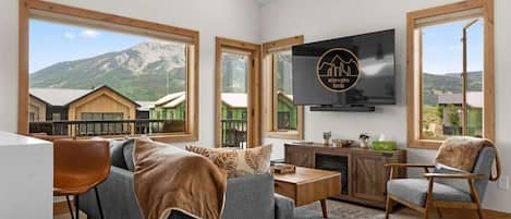 Enjoy the gorgeous mountain views from the upstairs space!