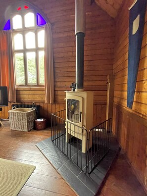 Huge log burner in the main space
