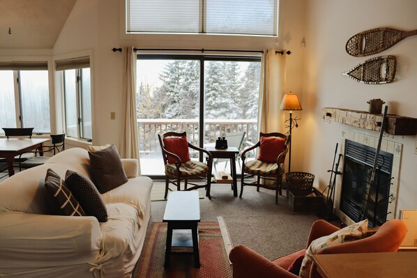 Living room with wood fireplace
