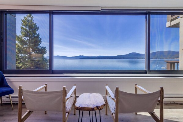 Panoramic views of Lake Tahoe from the condo's living room.