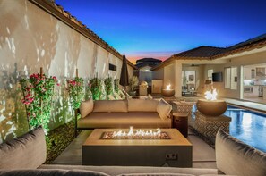 Luxurious patio with fire pit for those cool desert nights.