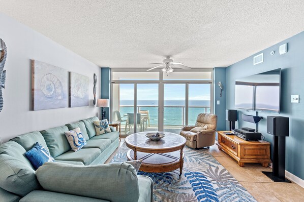 The ocean front living room is fabulous for movie night with the family.