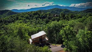 Aerial view of Cup Runneth Over with the backdrop of the Smoky Mountains