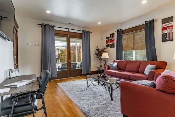 Living room love seat, sofa, desk/chair