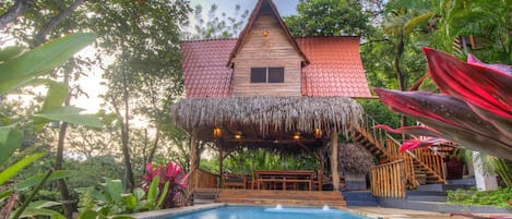 The treehouse accommodation is the upstairs area of the Costa Rican Rancho. 