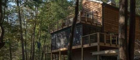 Cabin view facing the wooded ravine. Four-season sunroom you can enjoy to lounge and view nature.