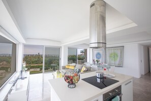 Kitchen and living room with patio doors leading to the large balcony