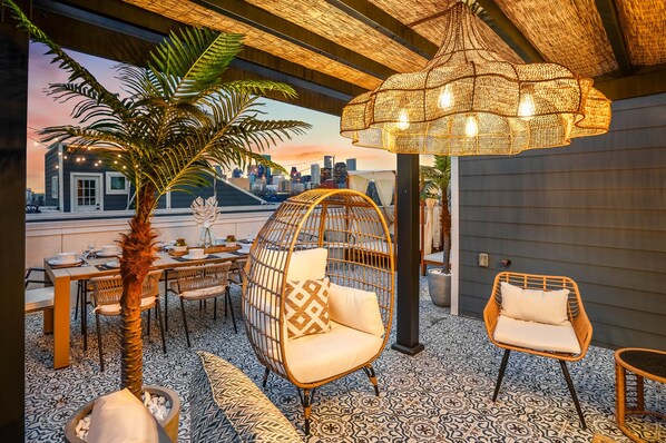 Our Luxxe Cabana Rooftop is unlike any other! Featuring a 12 person dining table, 2 large cabanas, and a Mykonos inspired lounge area with seating for 16!