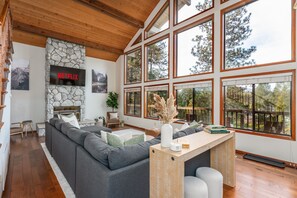 The open-concept layout provides a warm and inviting atmosphere.
