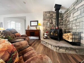 Stay warm and cozy with our indoor fireplace!