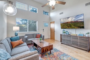 Living Room with Modern Furnishings and Roku TV