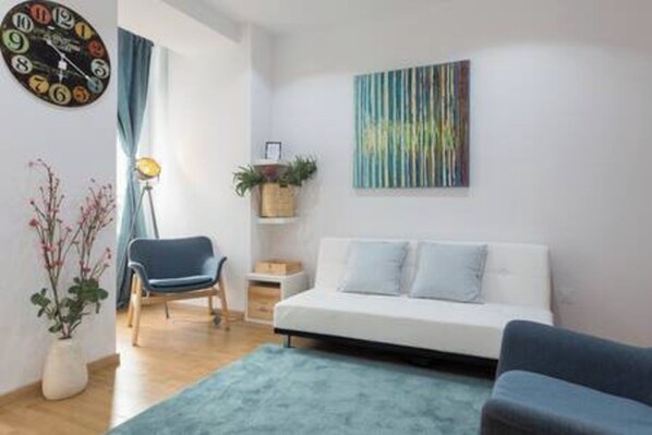The sofa turns into a sofa bed and easily accommodates one more person.