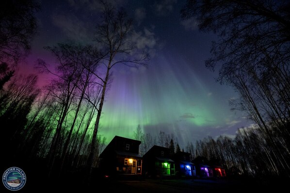 Overhead Aurora display above the cabins.