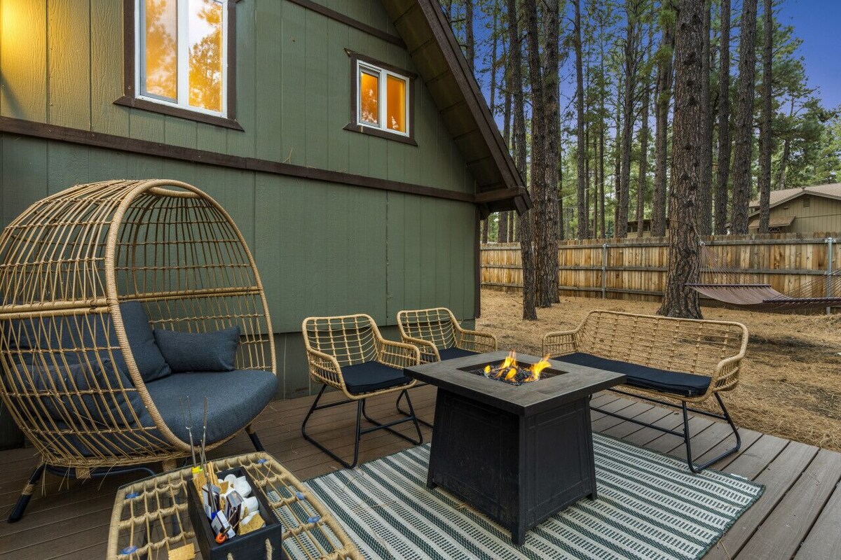 A-frame cabin, fenced-in yard