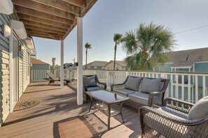Private Deck | Ample Outdoor Seating | Walk to Beach