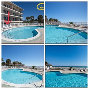 The year-round heated pool is 10 steps from your back patio!