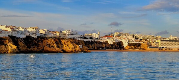 View of Albufeira from ocean. 