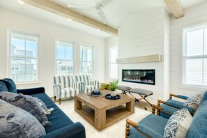 Comfortable sitting area with shiplap accent wall