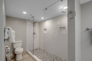 Over sized double head shower. 