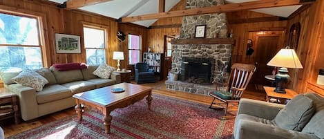 Living Room with Field Stone Fireplace